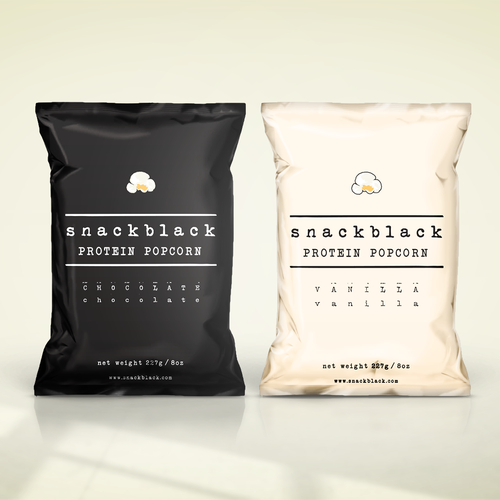 Product packaging with the title 'Snackblack protein popcorn'