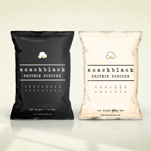 Product design with the title 'Snackblack protein popcorn'