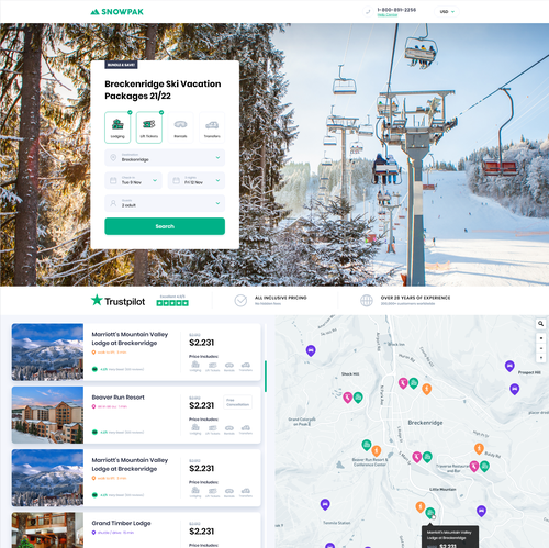 Travel website with the title 'Redesign of existing snow travel booking page'