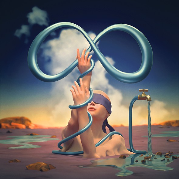 3D illustration with the title 'Community Contest "brands in a Surrealist style"'