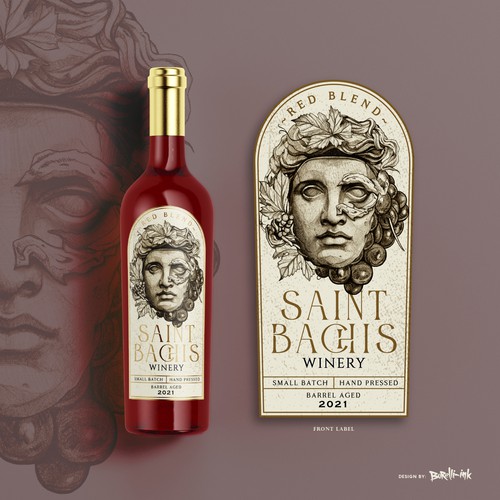 Retro label with the title 'Classical-Inspired Roman Wine Label for Clean Family Brand - Saint Bachis Winery'