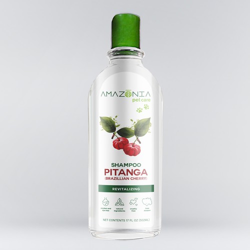 Creative label with the title '100% Natural PET SHAMPOO FROM AMAZON, BRAZIL'