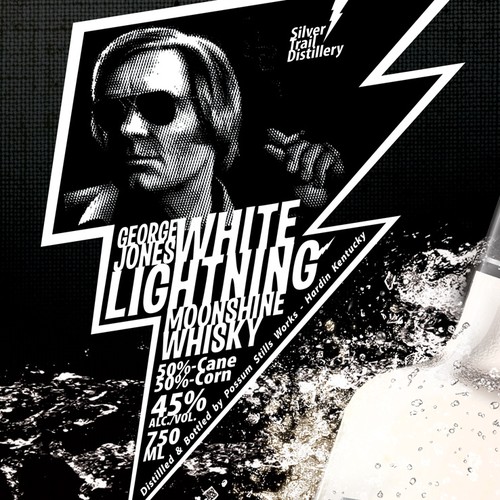 Whiskey label with the title 'George Jones White Lightning Moonshine whisky jug labels'
