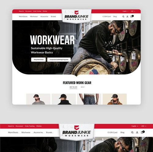 Red website with the title 'Shopify E-Commerce Website for Brand Workwear'