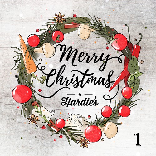 Wreath design with the title 'Hardie's Fresh Foods - Christmas Card'