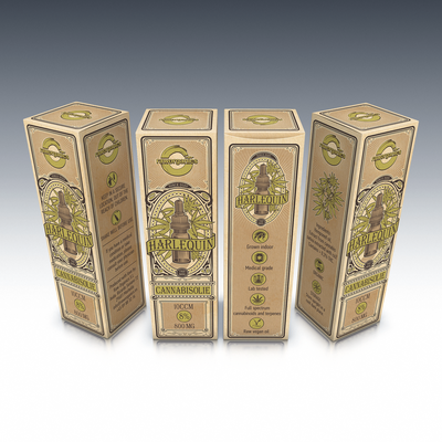 Design playful box for our new Harlequin cannabis oil