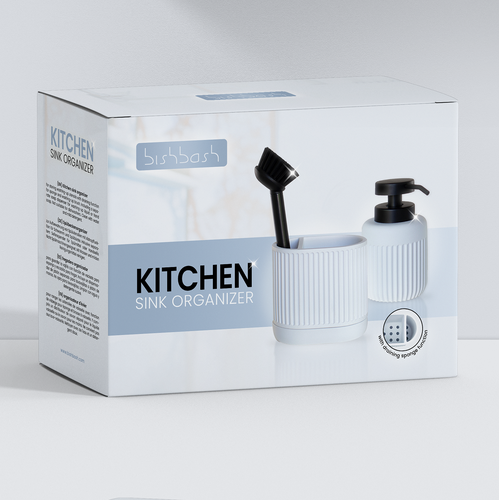Kitchen packaging with the title 'Packaging Design for Bishbash - Kitchen Sink Organizer'