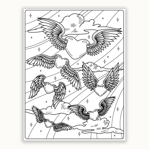 Wing illustration with the title 'Hearts with wings'