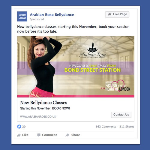 London design with the title 'Facebook News Feed Advert for Bellydance Stduio London'