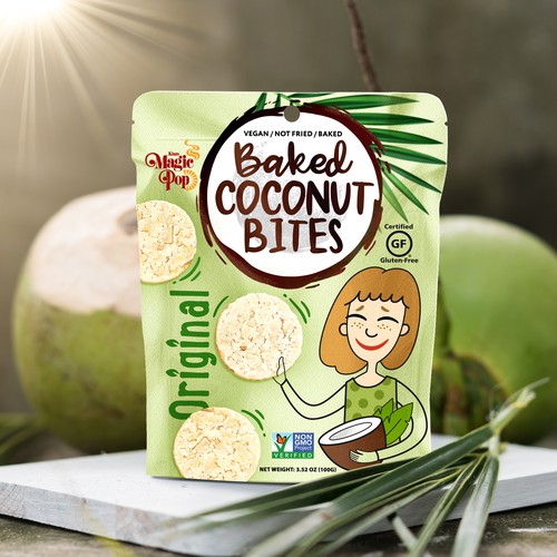 Snack packaging with the title 'Baked Coconut Bites'