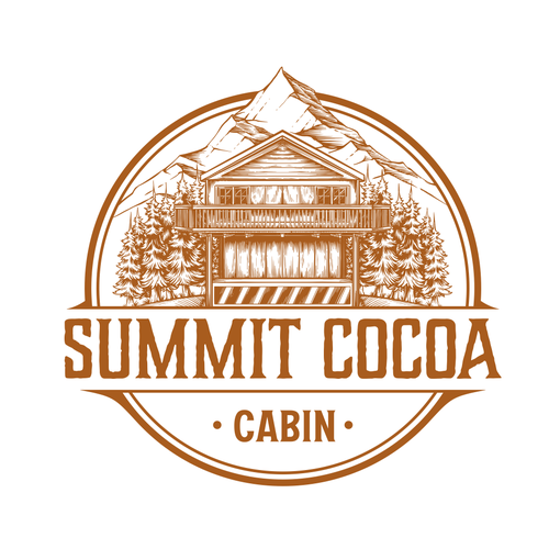 Cabin design with the title 'Mountain Top Rustic Cocoa Cabin Logo Design'