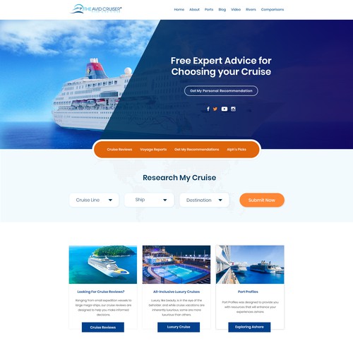 Tourism website with the title 'Avid Cruiser Site Redesign'