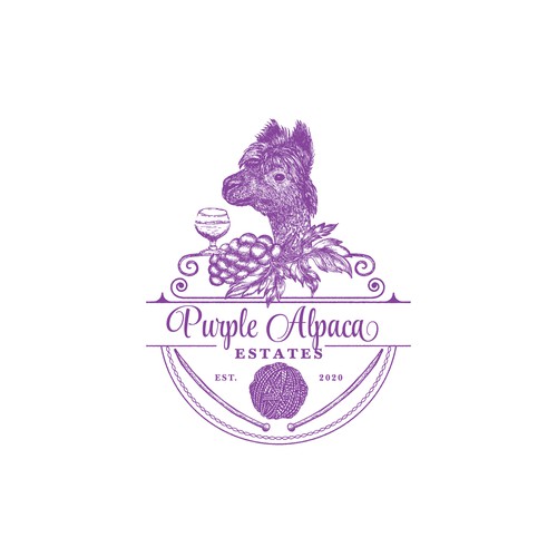 Purple brand with the title 'Logo & branding identity design for the vineyard and alpaca farm'