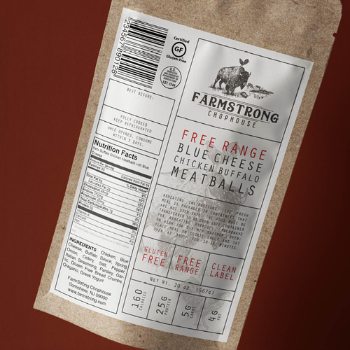 White background design with the title 'Label for FarmStrong Chophouse Meatballs'