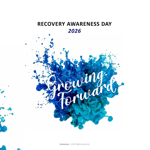 Aqua design with the title 'Recovery Awareness Day 2026 - Growing Forward'