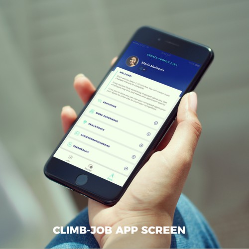 Dark blue design with the title 'Climb Jobs mobile applications design'