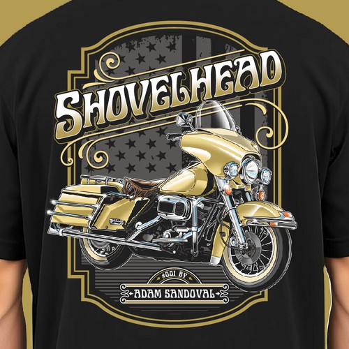 Harley Davidson design with the title '#001 Shovelhead by Adam Sandoval'