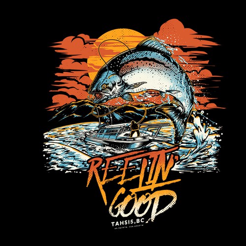 Sunset design with the title 'Reelin’ Good'