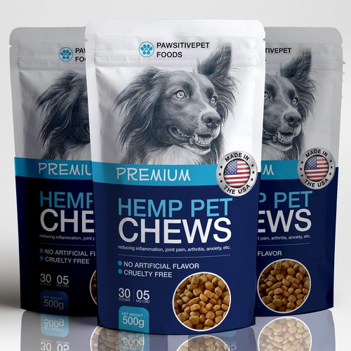 Elegant packaging with the title 'Pet Treat CBD Chew Packaging Design!'