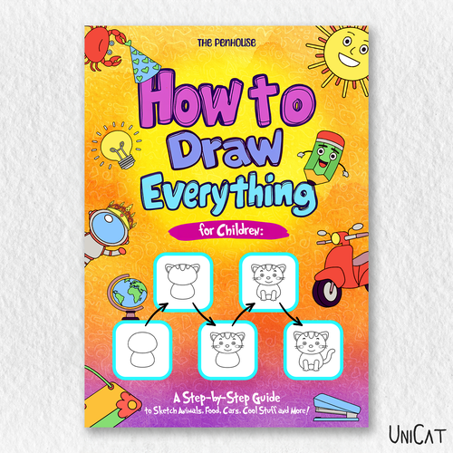 Cartoon book cover with the title 'Fun and Colorful Children’s Book Cover — How to Draw Everything'