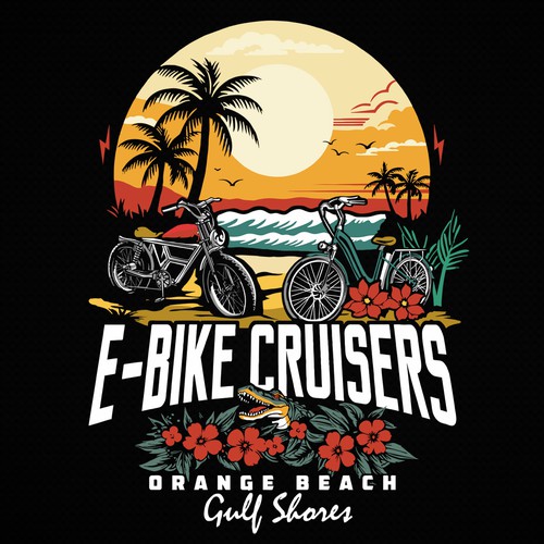 Hawaiian design with the title 'E-Bike Cruisers T-shirt Design'