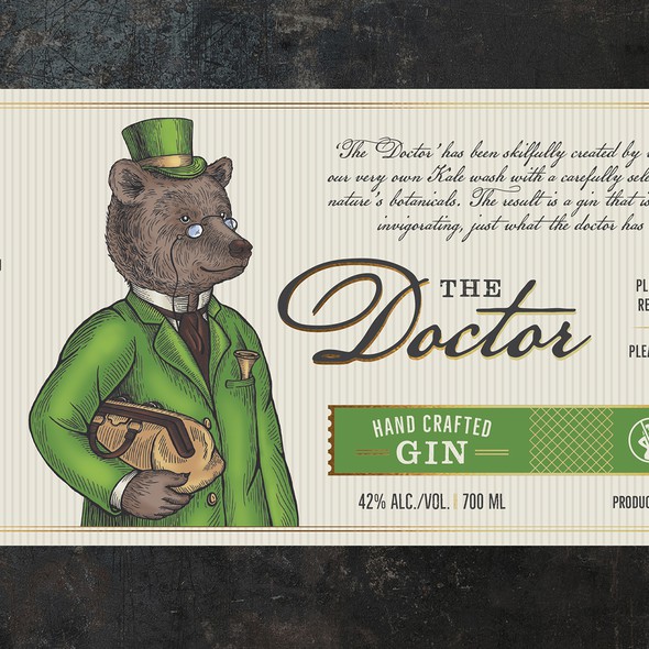 White and green design with the title 'Label and illustration for GIN "The Doctor"'