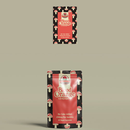 Gummy packaging with the title 'Mushroom Gummies Package'
