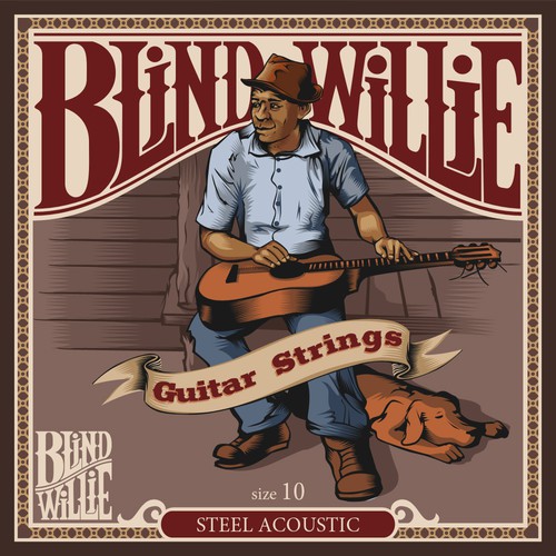 Guitar design with the title 'Blind Willie guitar string logo and packaging design'