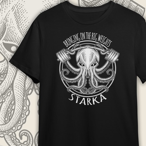 Octopus t-shirt with the title 'Octopus lifting barbell'
