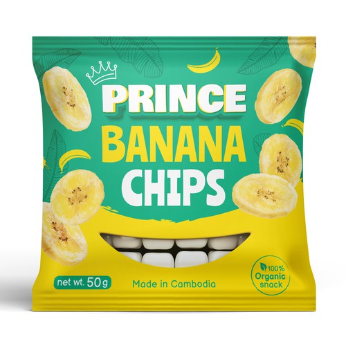 Food packaging with the title 'Packaging design / Banana chips'