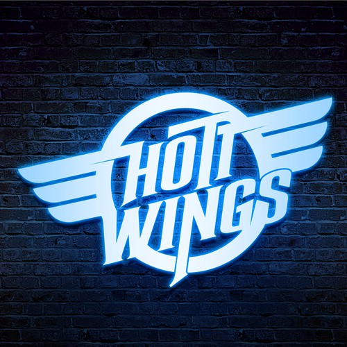 Neon logo with the title 'Hott Wings'