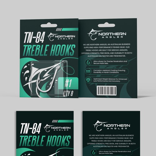 Fish packaging with the title 'TN-84 Treble Hooks'