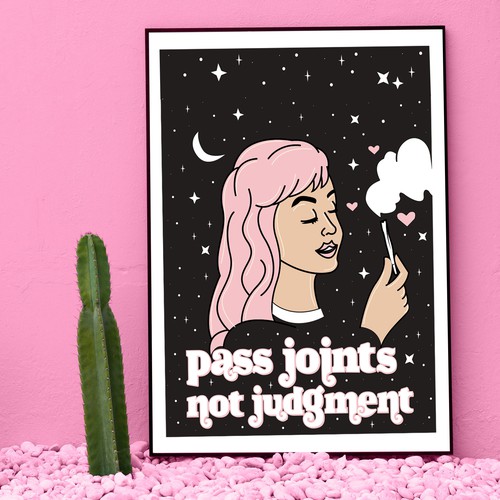 T-shirt artwork with the title 'Pass Joints Not Judgment Illustration for FUNCLUB'