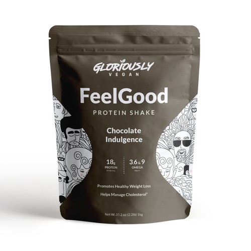 Funny packaging with the title 'Vegan Protein Shake Standup Pouch Design - Clear Instructions'