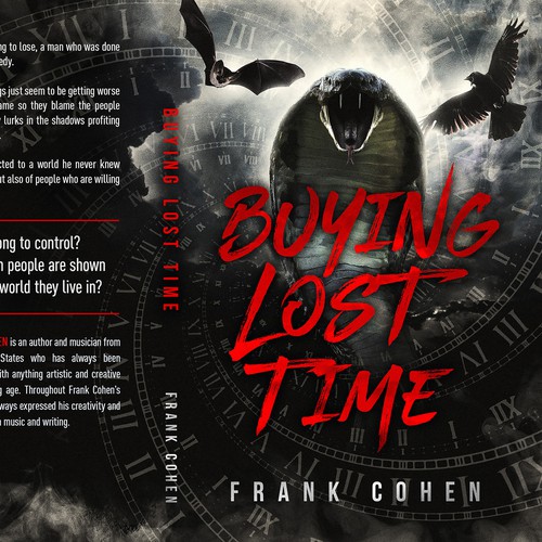Bat design with the title 'Buying Lost Time book cover design.'