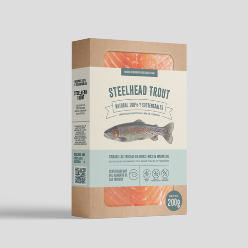 Fish packaging with the title 'Steelhead Trout Sleeve Label Design'