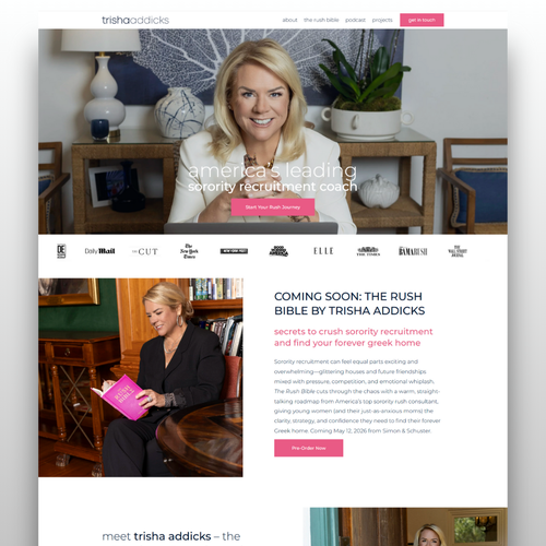 CSS design with the title 'Signature Website for Trisha Addicks, Author, Coach, Founder'