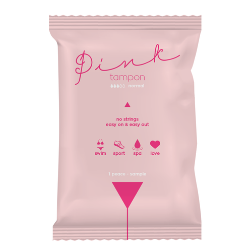 Pink packaging with the title 'Pink tampon Packaging design'