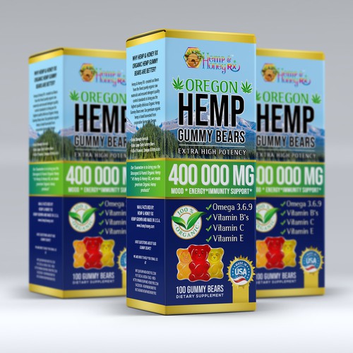 Creative packaging with the title 'Box design for Hemp Gummy Bears.'