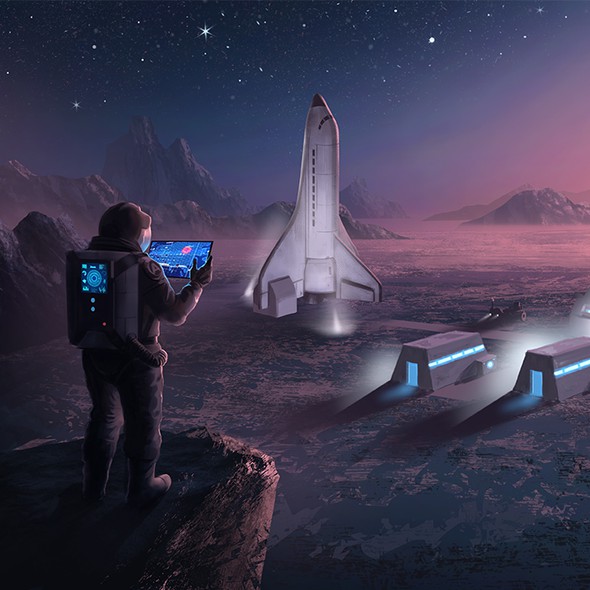 Spaceship artwork with the title 'Lunar Camp'