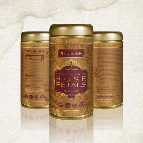 Art packaging with the title 'Organic Dried Rose Petals Packaging'