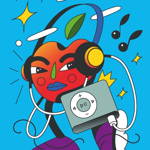 Music artwork with the title 'Apple iPod Shuffle Character Illustration – Retro Music Concept.'