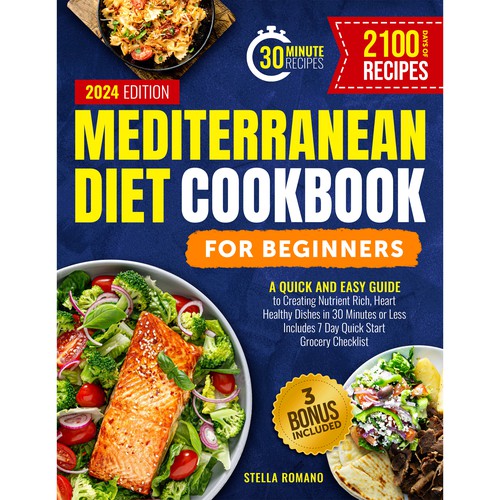 Cookbook design with the title 'Mediterranean Diet Cookbook for Beginners'