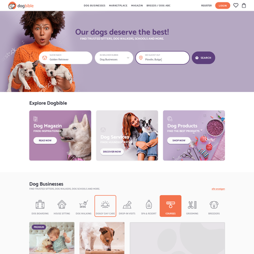 Pet website with the title 'Webdesign for online dog platform / marketplace / magazine'