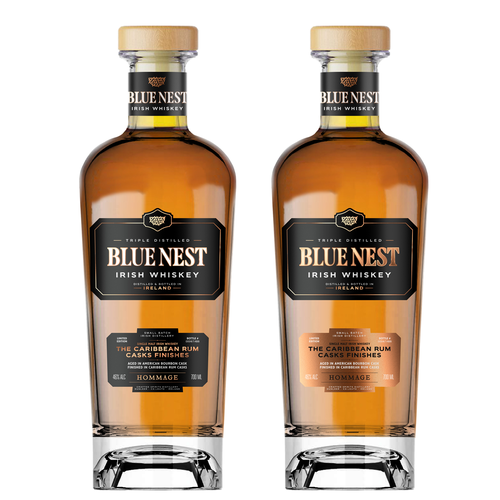 Alcohol label with the title 'Blue Nest Irish Whiskey'