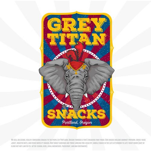 Circus design with the title 'Grey Titan Snacks.'