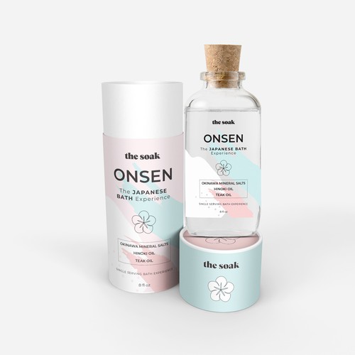 Bath design with the title 'Beautiful packaging for a female focused global inspired wellness product'