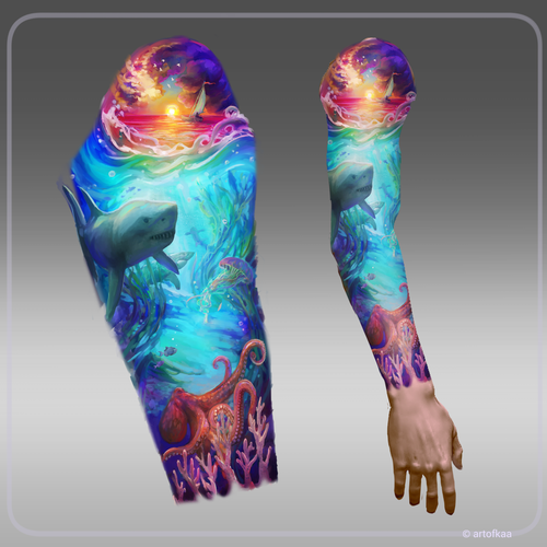 Jellyfish design with the title 'Ocean themed full sleeve tattoo design'