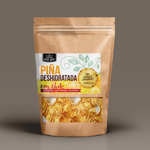 Paper bag packaging with the title 'Organic label design for dehydrated fruits chips package'
