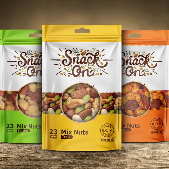 Natural packaging with the title 'Packaging Design for Snack On'